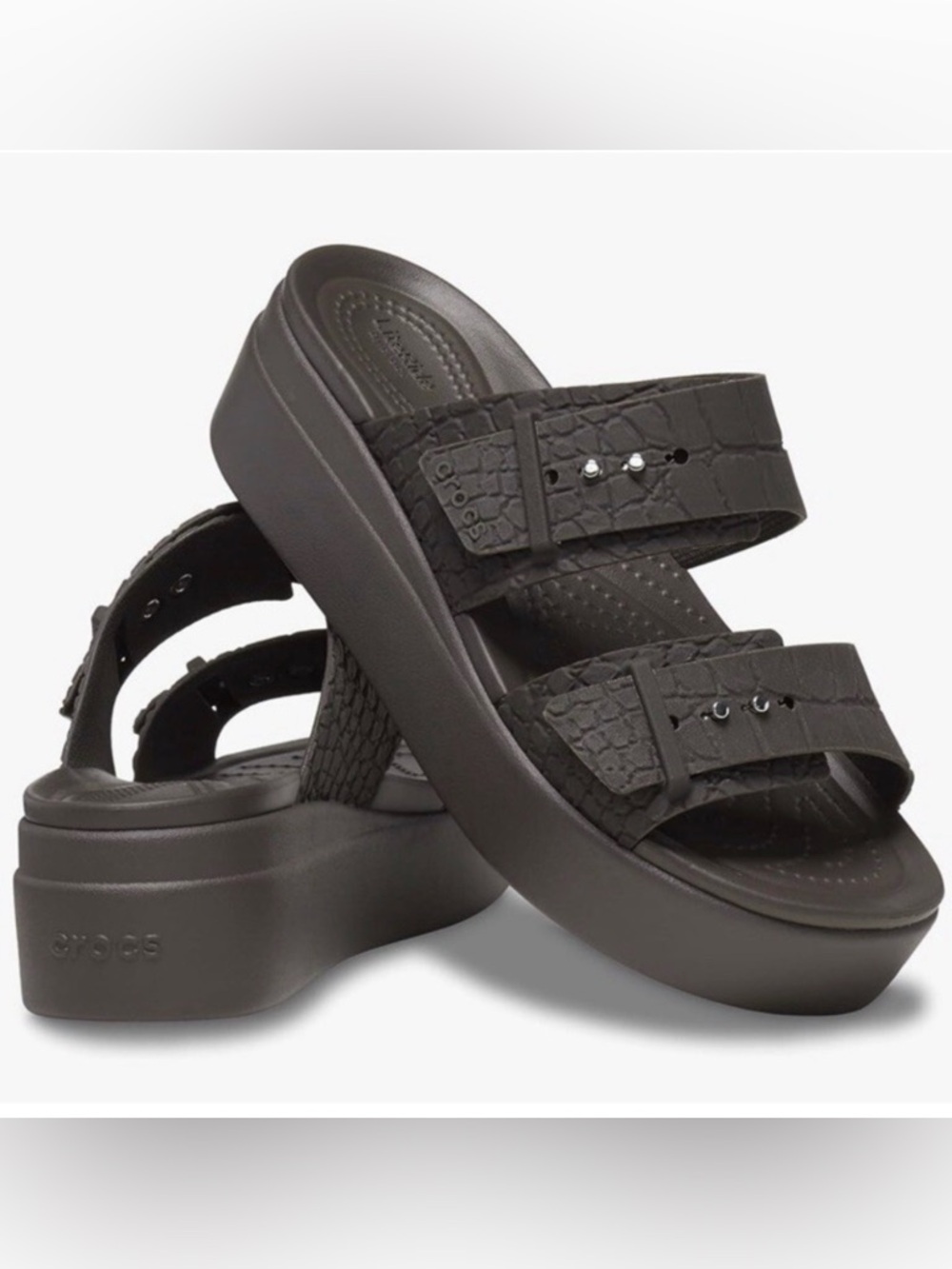 CROCS Women Espresso Brooklyn Buckle Wedges Platform Slide Sandals Size 6